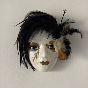 1990s Ceramic Hand Painted Theatrical Mask with Feathers Clown Mask Whimsigoth